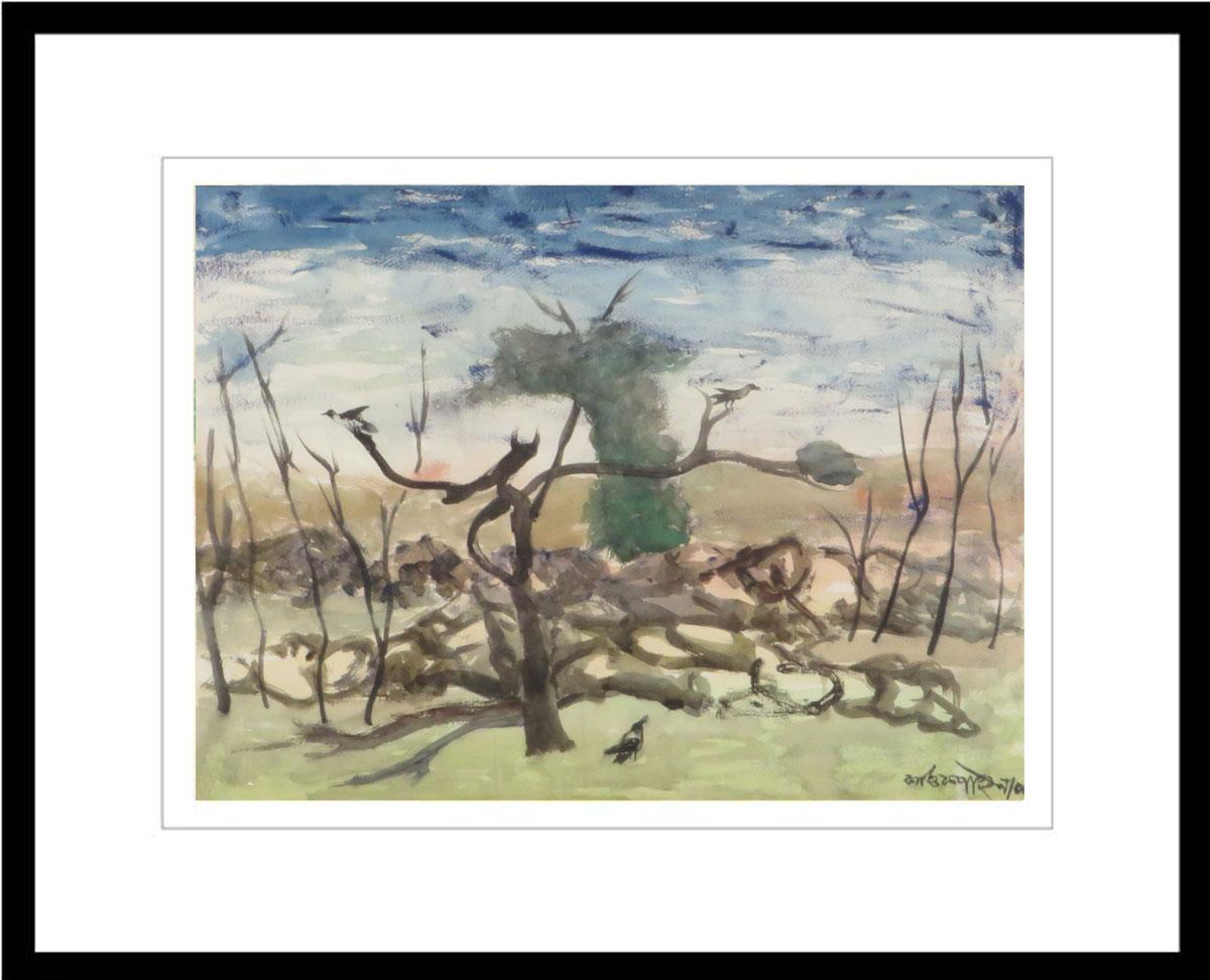 Kartick Chandra Pyne Landscape Painting - Landscape, Crow, Watercolor on paper, Blue, Green, Brown Colors "In Stock"