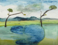 Fish, Water, Watercolor on paper, Blue, Green, Brown by Indian Artist "In Stock"