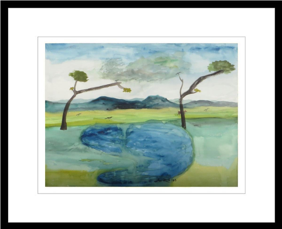 Kartick Chandra Pyne Landscape Painting - Fish, Water, Watercolor on paper, Blue, Green, Brown by Indian Artist "In Stock"