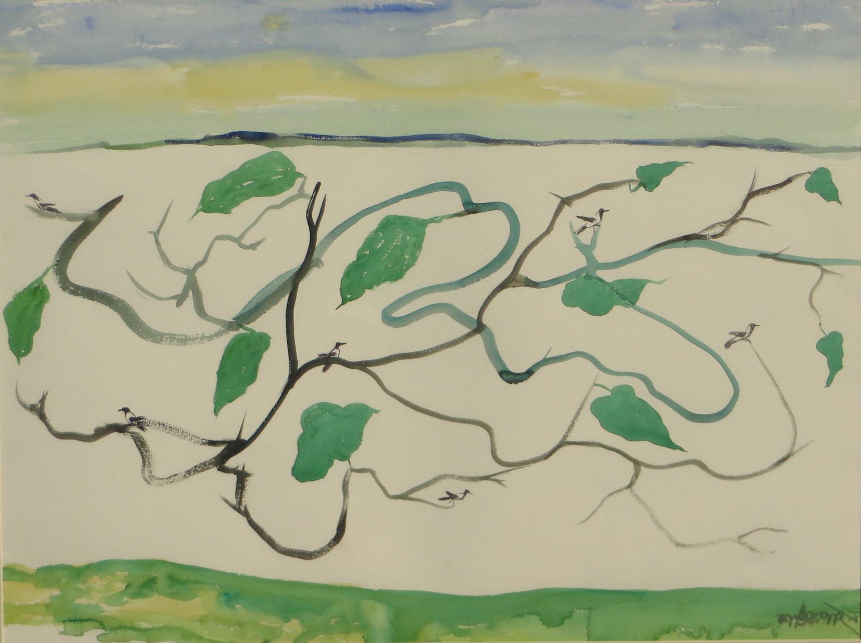 Paysage, aquarelle sur papier, vert, bleu du maître artiste indien « en stock » - Art de Kartick Chandra Pyne