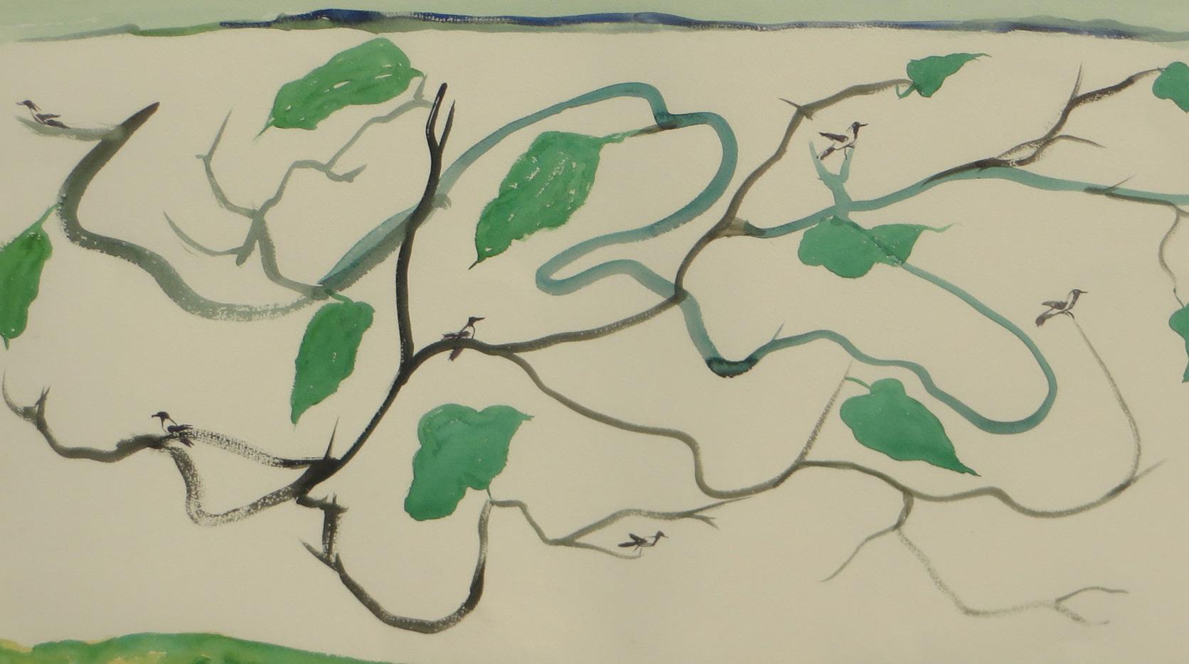 Landscape, Watercolor on paper, Green, Blue by Master Indian Artist 