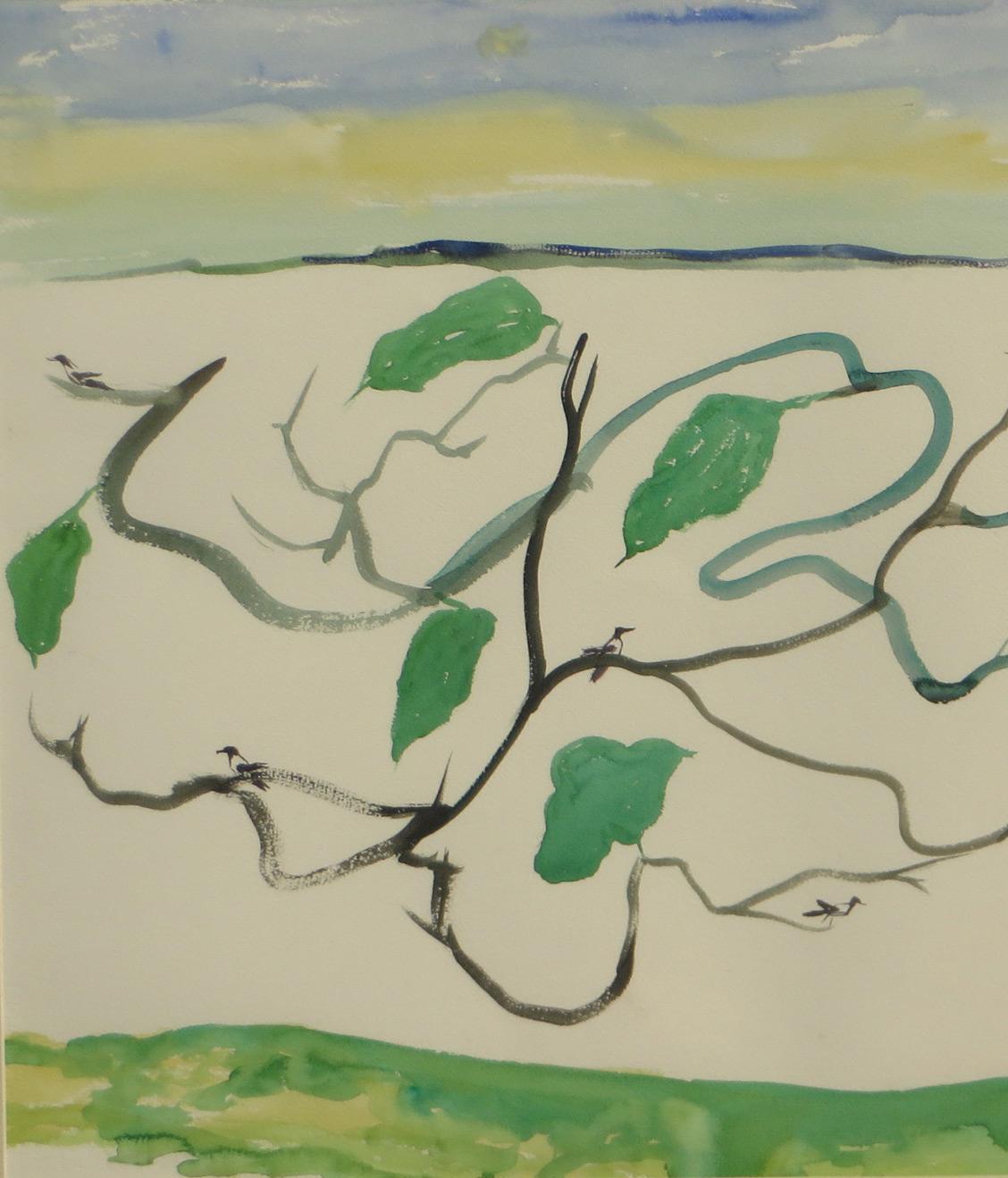 Paysage, aquarelle sur papier, vert, bleu du maître artiste indien « en stock » - Marron Landscape Art par Kartick Chandra Pyne