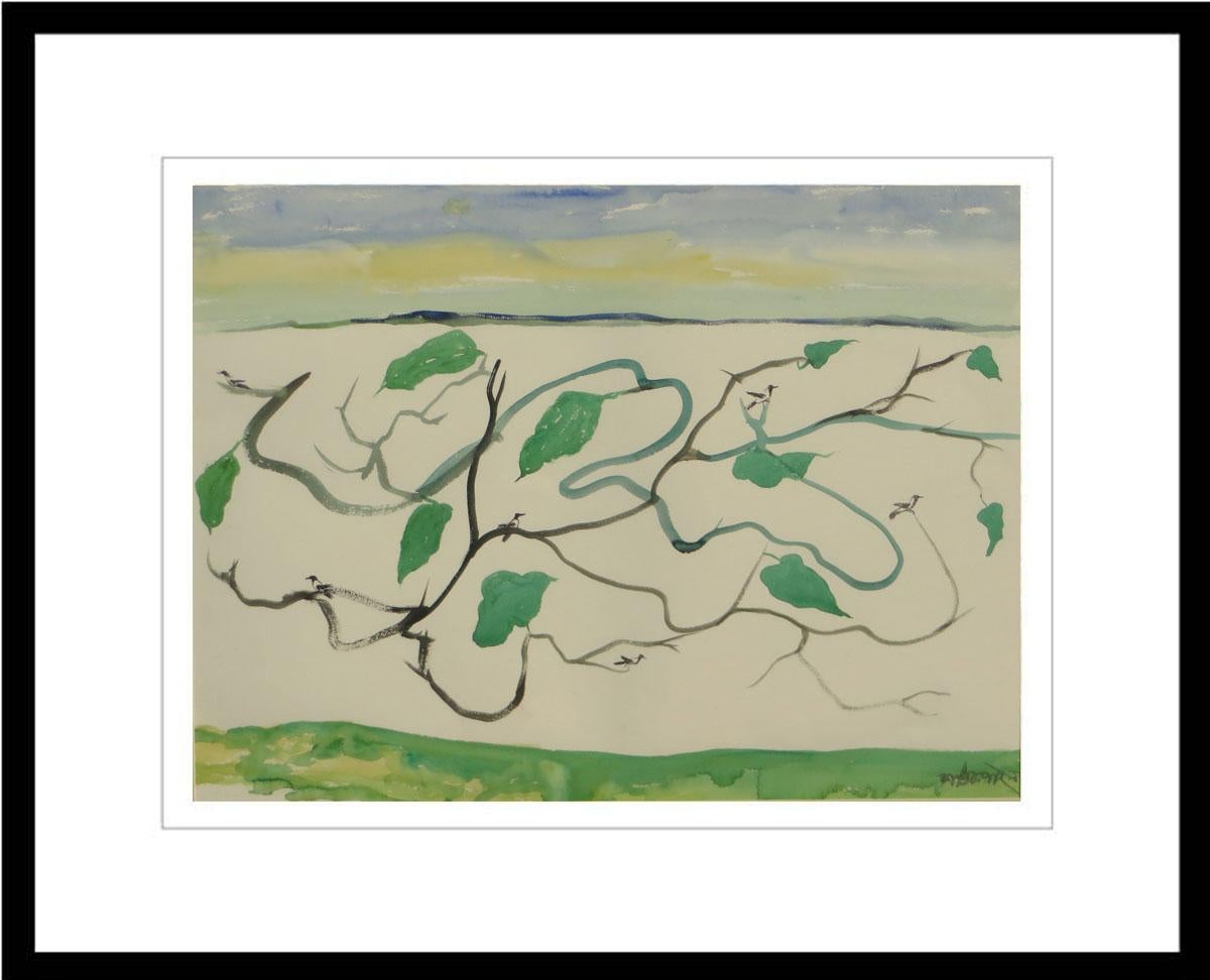 Landscape Art Kartick Chandra Pyne - Paysage, aquarelle sur papier, vert, bleu du maître artiste indien « En stock »