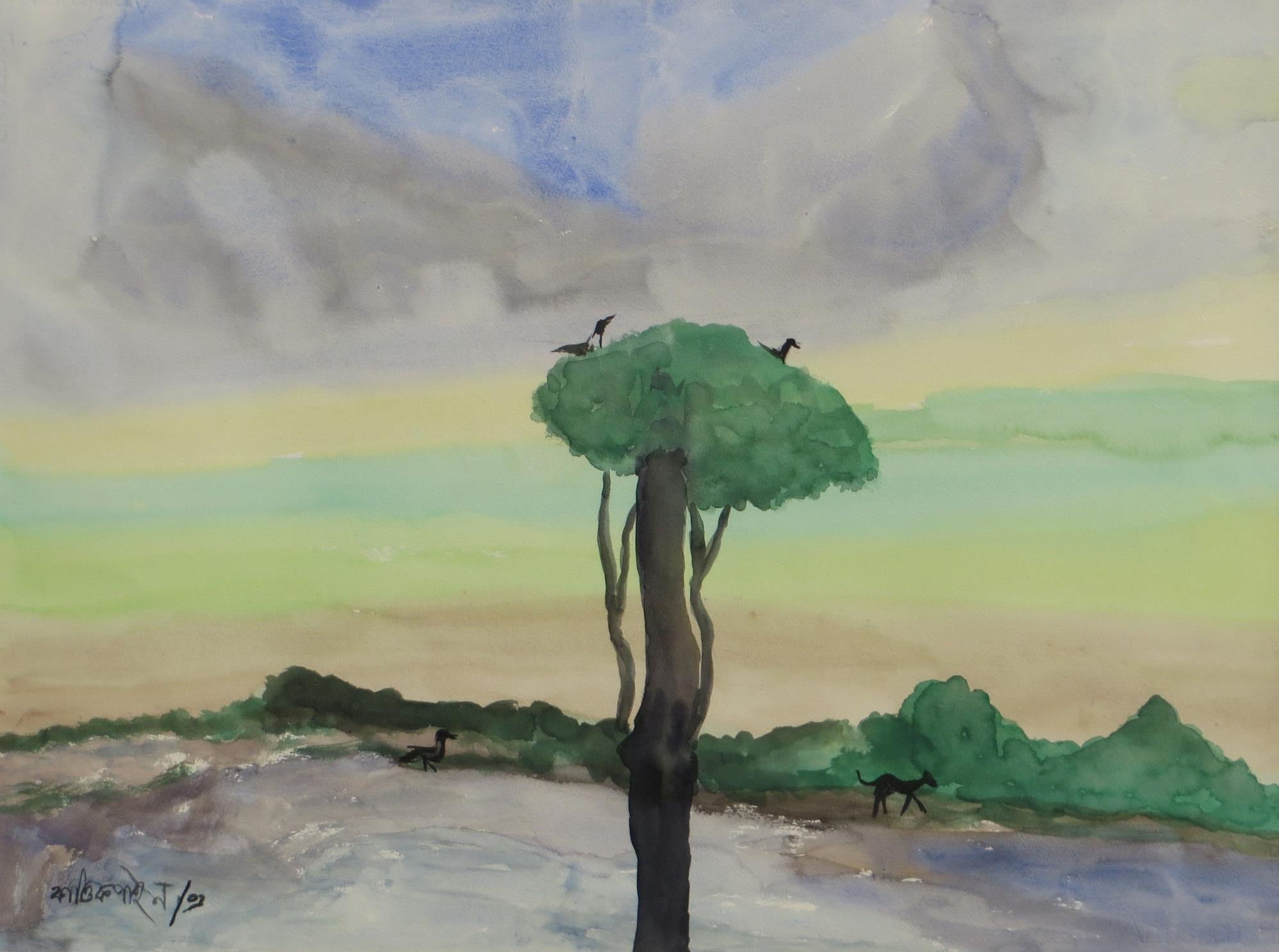 Landscape, Birds, Trees, Watercolor on paper, Mauve, Green, Blue colors