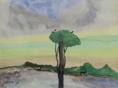 Paysage, Oiseaux, arbres, Aquarelle sur papier, Mauve, Vert, Couleurs Bleues""En stock""