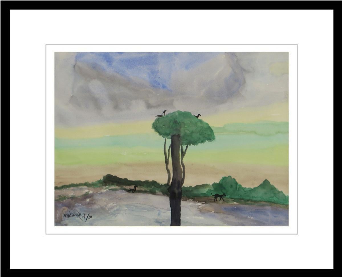 Kartick Chandra Pyne Landscape Painting - Landscape, Birds, Trees, Watercolor on paper, Mauve, Green, Blue colors"In Stock"