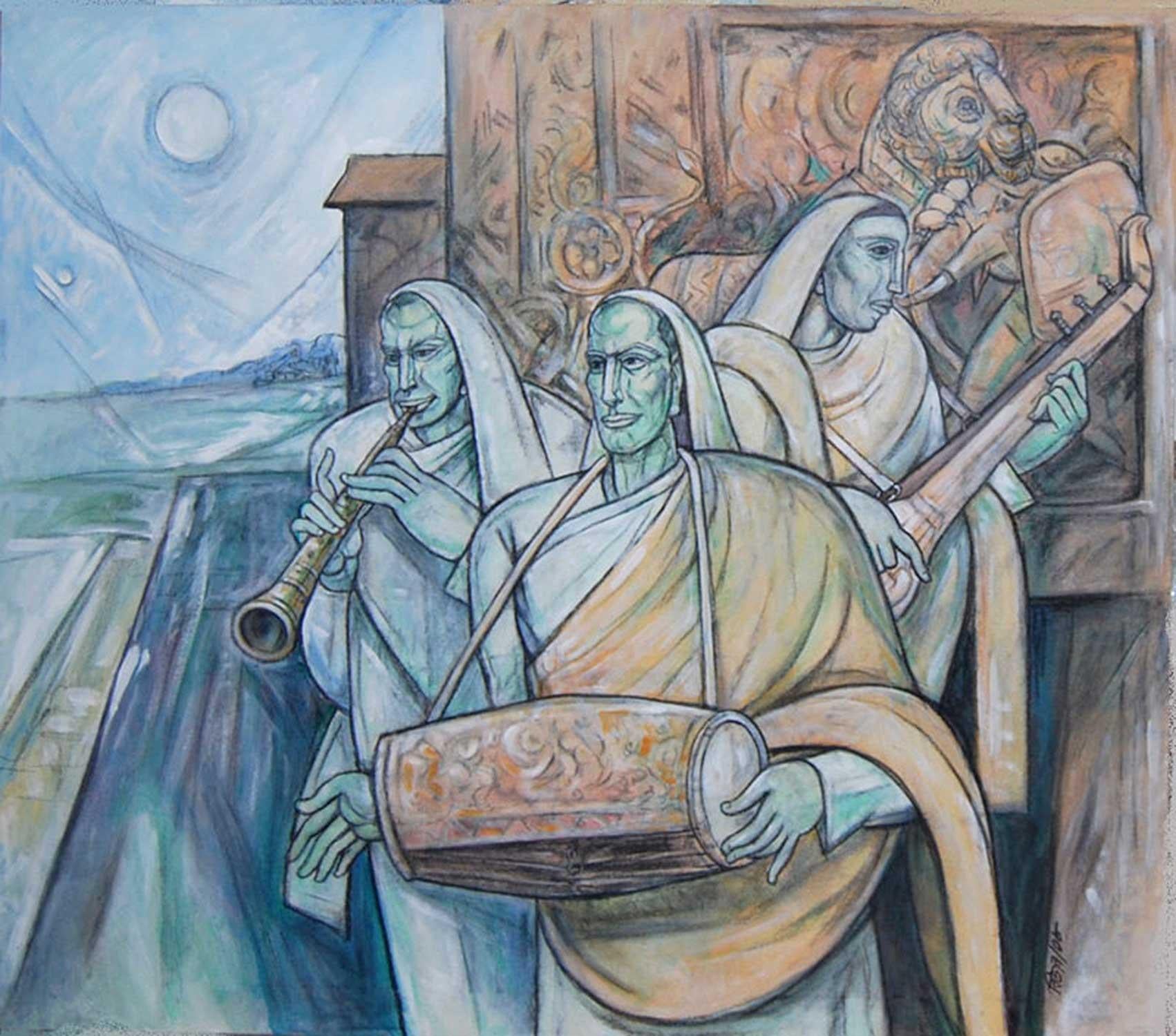 Bijan Choudhury Figurative Painting - Ragh Darbari Kanada, Mixed Media on canvas, Blue by Indian Artist "In Stock"