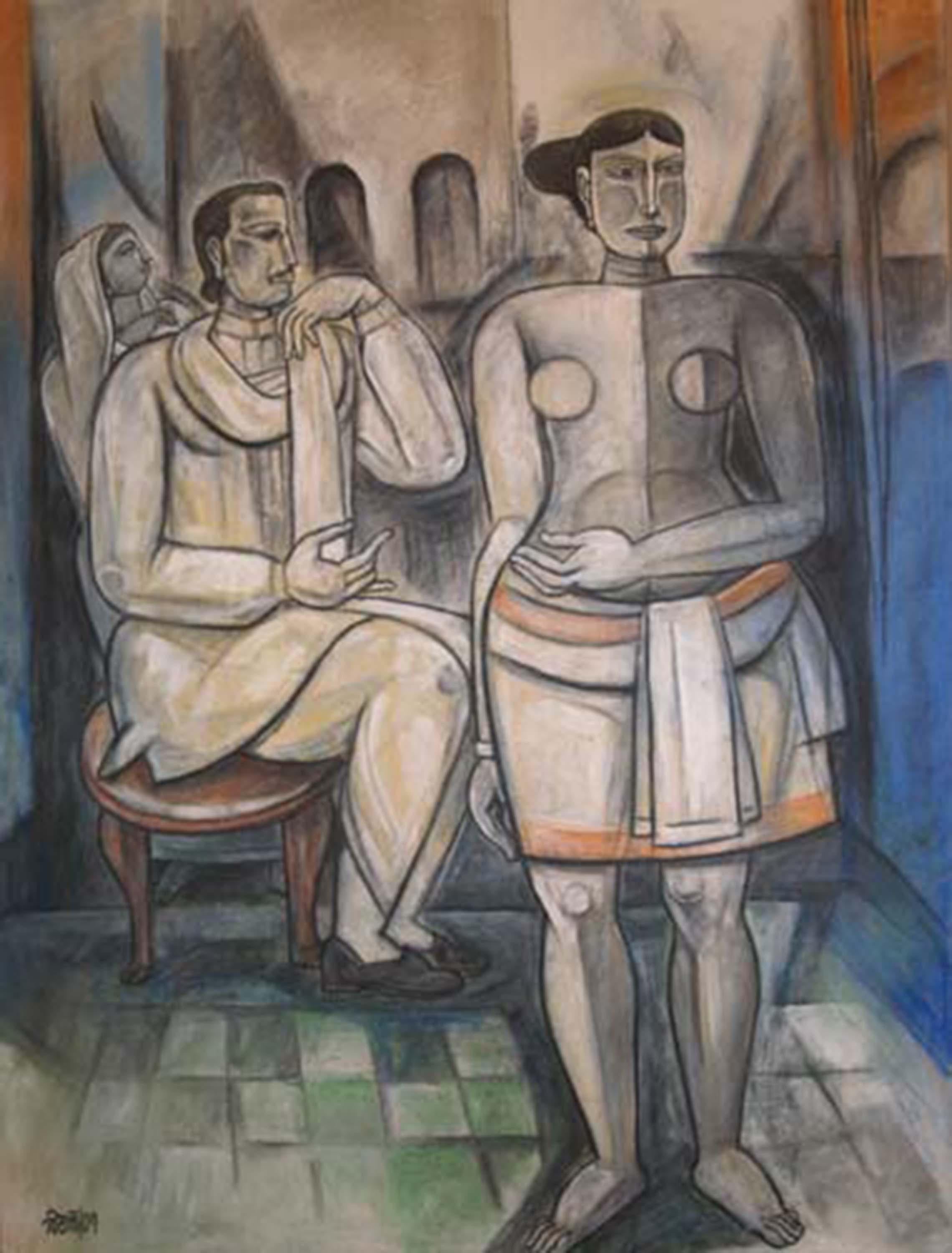 Figurative, Mixed Media on canvas, Blue, White by Modern Indian Artist"In Stock" - Mixed Media Art by Bijan Choudhury