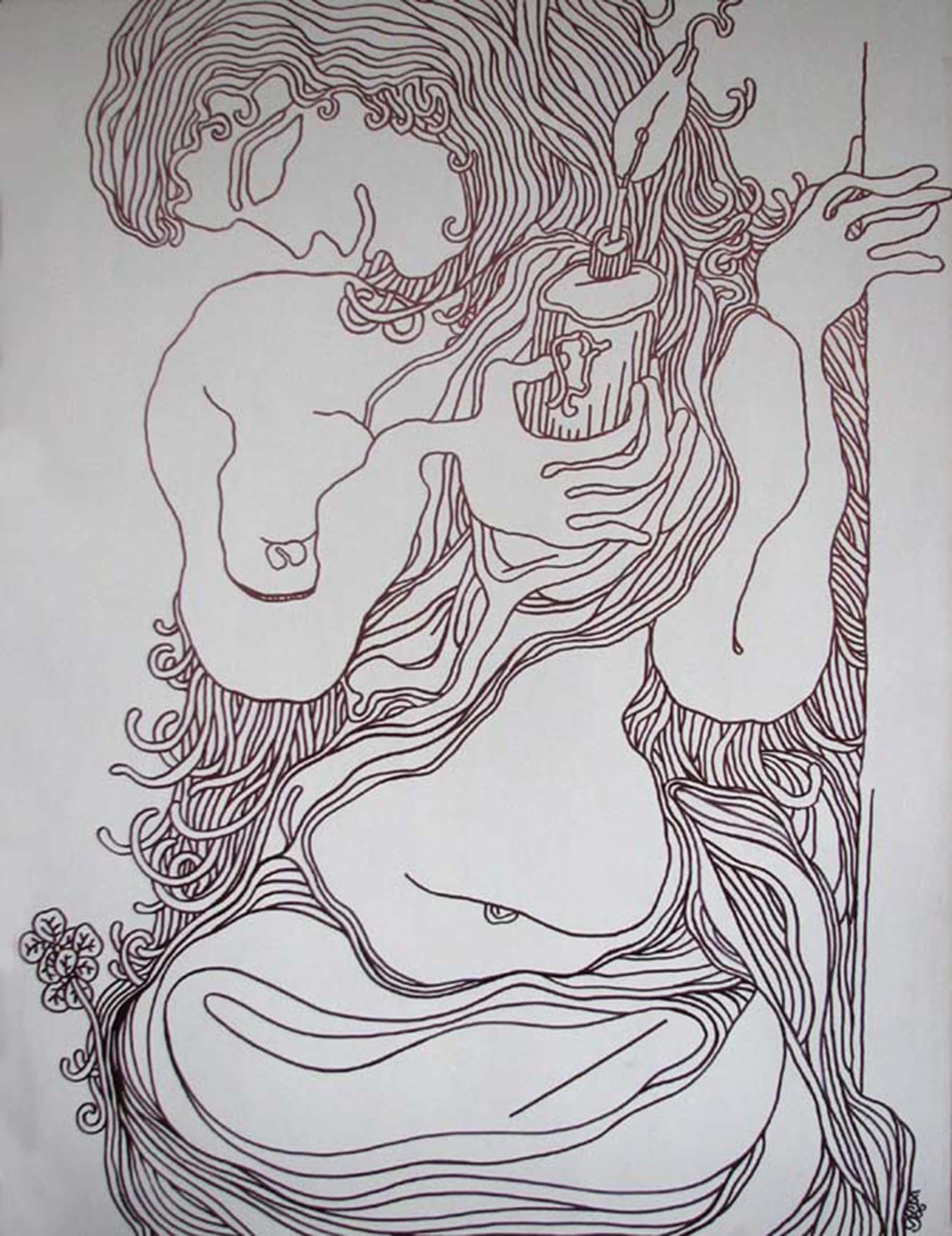 Nude Prakash Karmarkar - Lady with the Lamp (La femme avec la lampe), dessin de nu, encre sur toile par un artiste indien moderne « en stock »