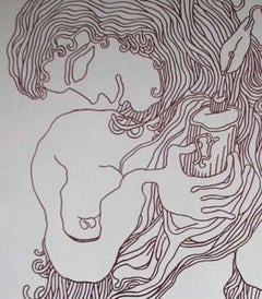 Lady with the Lamp (La femme avec la lampe), dessin de nu, encre sur toile par un artiste indien moderne « en stock »
