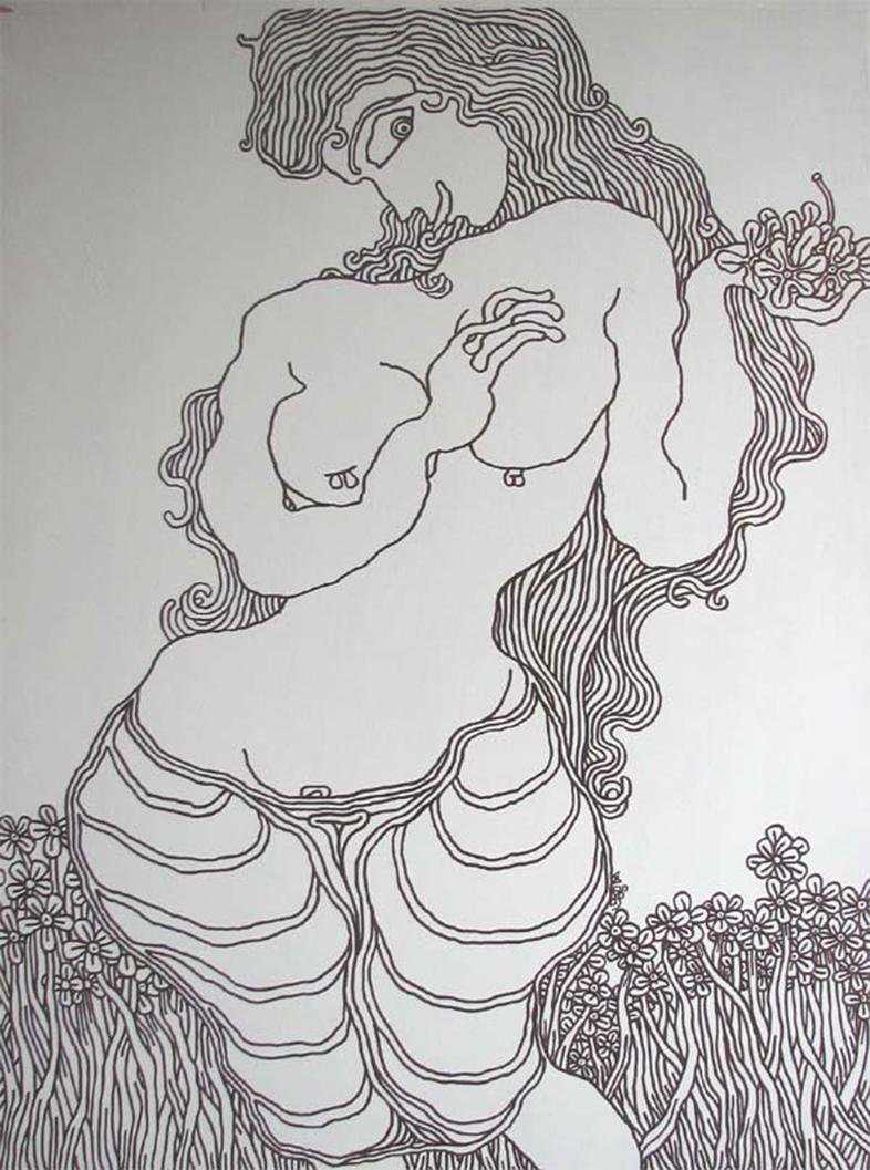 Flower Girl, Nude Drawing, Ink on canvas by Indian Modern Master "In Stock"