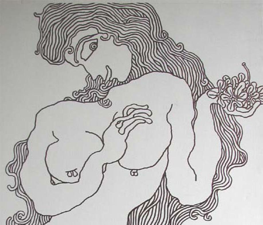 Blumenblumenmädchen, nackte Zeichnung, Tusche auf Leinwand von Indian Modern Master „“Auf Lager“ (Grau), Nude, von Prakash Karmarkar