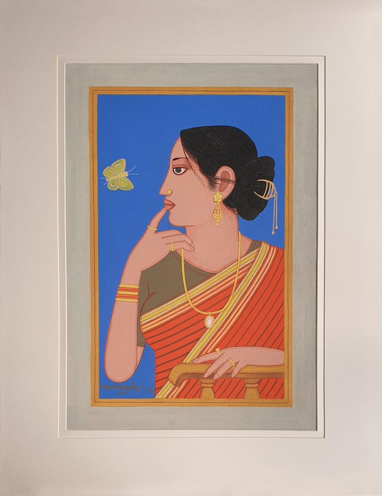Lalu Prasad Shaw Portrait Painting - Biwi, Women with Butterfly, Tempera on Board, Blue, Red, Bengal Artist"In Stock"
