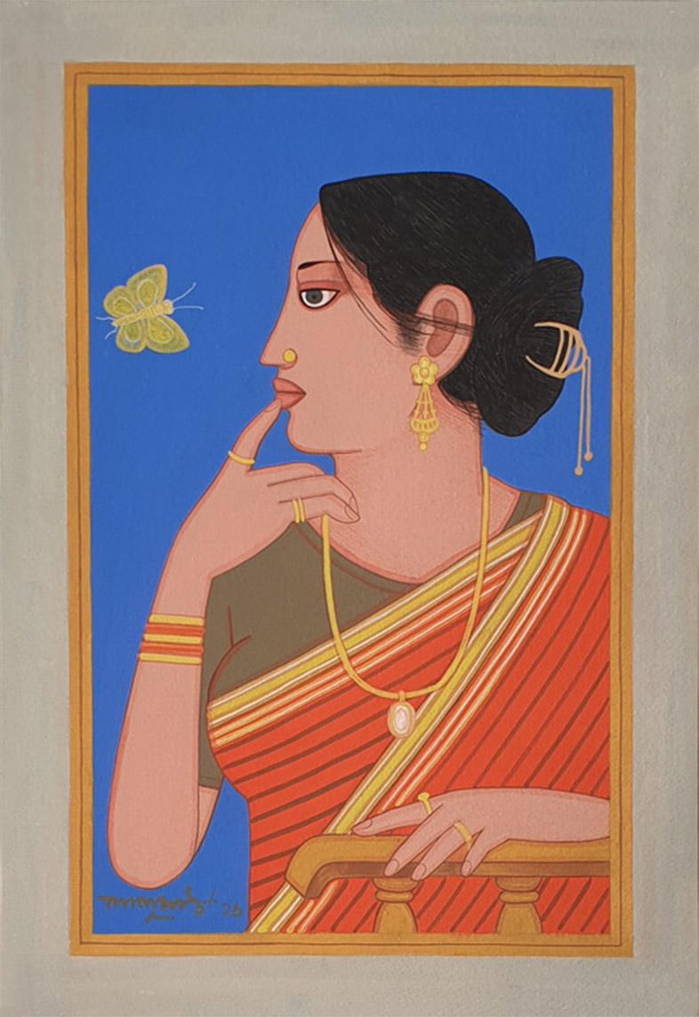 Biwi, Women with Butterfly, Tempera on Board, Blue, Red, Bengal Artist