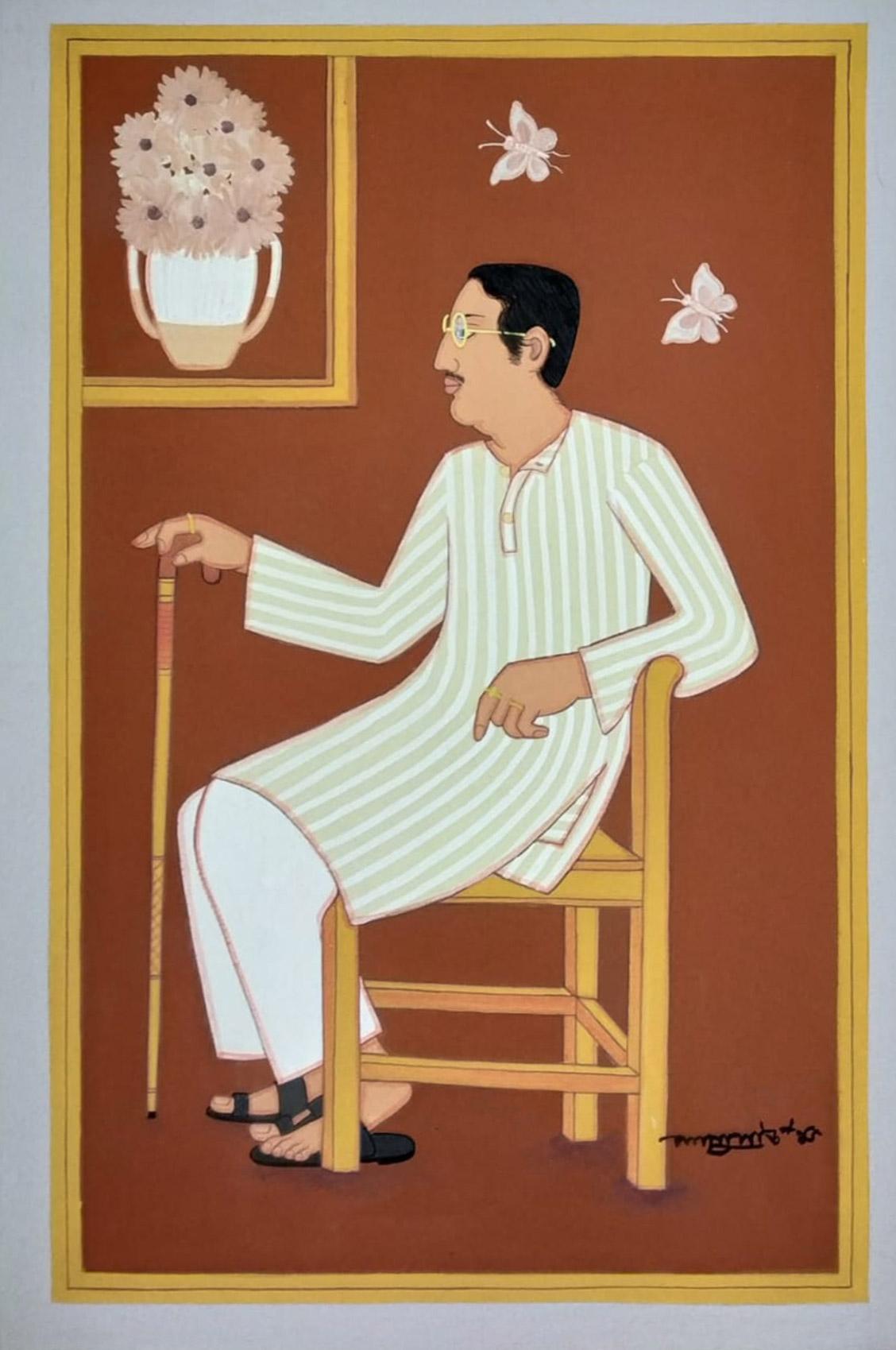 Lalu Prasad Shaw Portrait Painting - Bengali Man, Brown and Whilte Colour, Tempera on Board, Master Artist"In Stock"