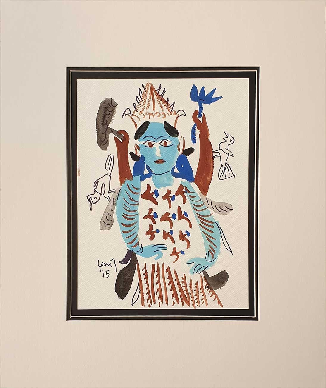 K.G. Subramanyan Figurative Art - Devi, Watercolour on Paper, Blue, Brown by Modern Indian Artist "In Stock"