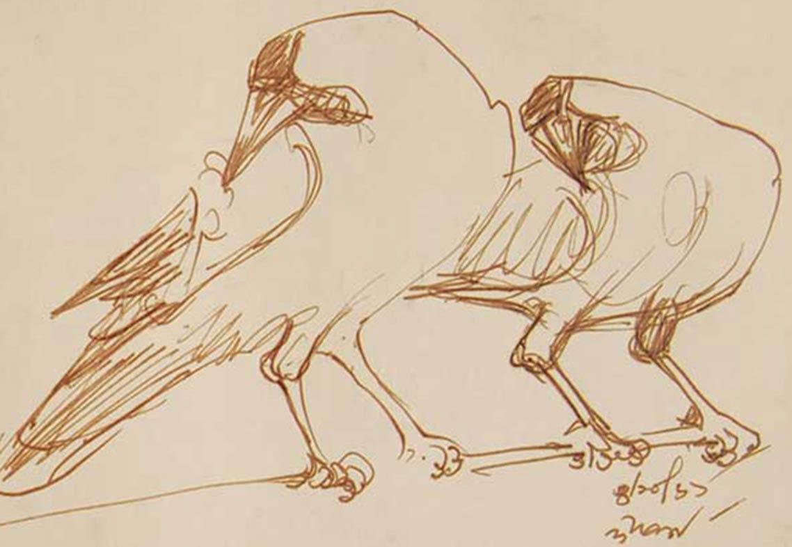 Crows-Serie, Aquarell auf Papier, seltene Kunst von indischer Künstlerin aus Bengalen, „Auf Lager“ (Beige), Animal Art, von Dipen Bose