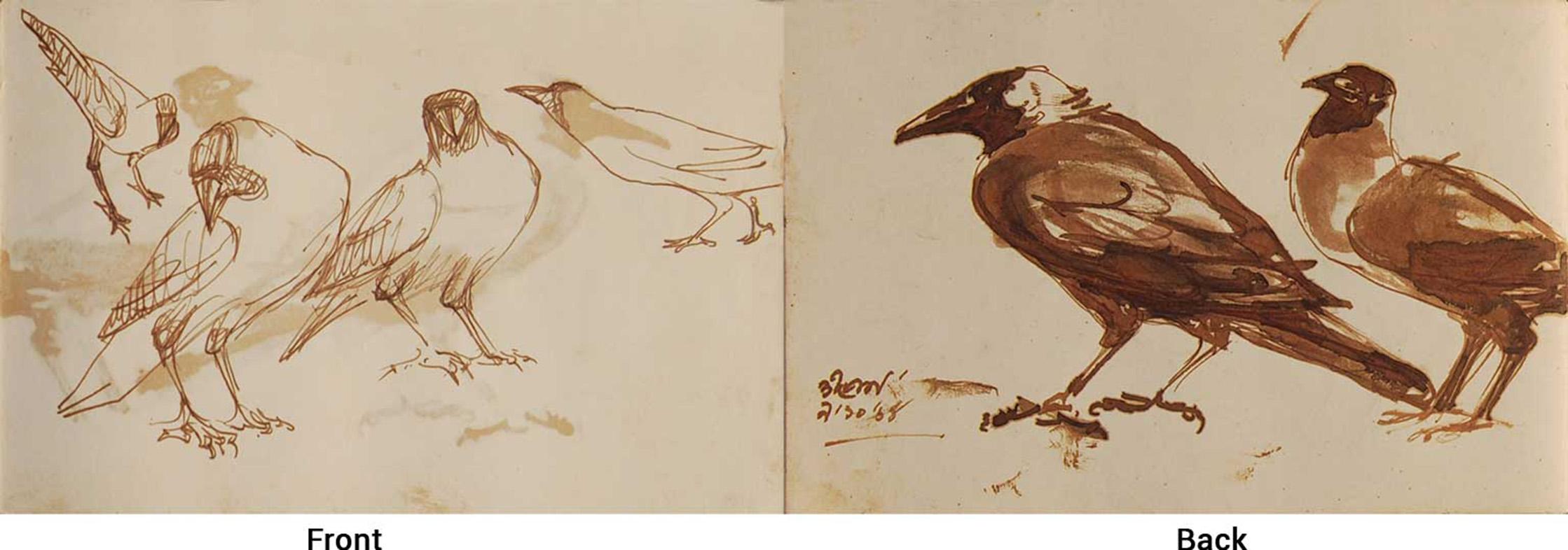 Dipen Bose Animal Art - Crows Series, Watercolour on paper, Rare Art by Indian Bengal Artist "In Stock"