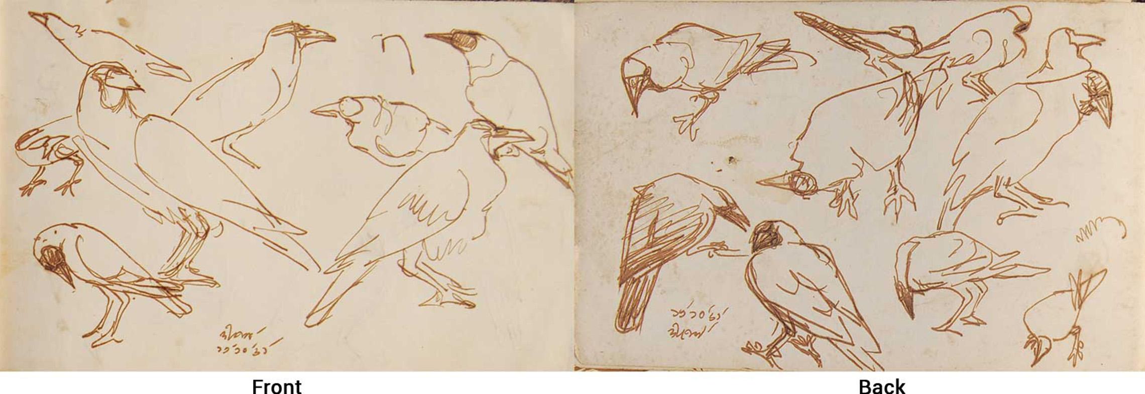 Dipen Bose Animal Art – Crows Serie, Aquarell auf Papier, seltene Kunst des indischen bengalischen Künstlers „In Stock“