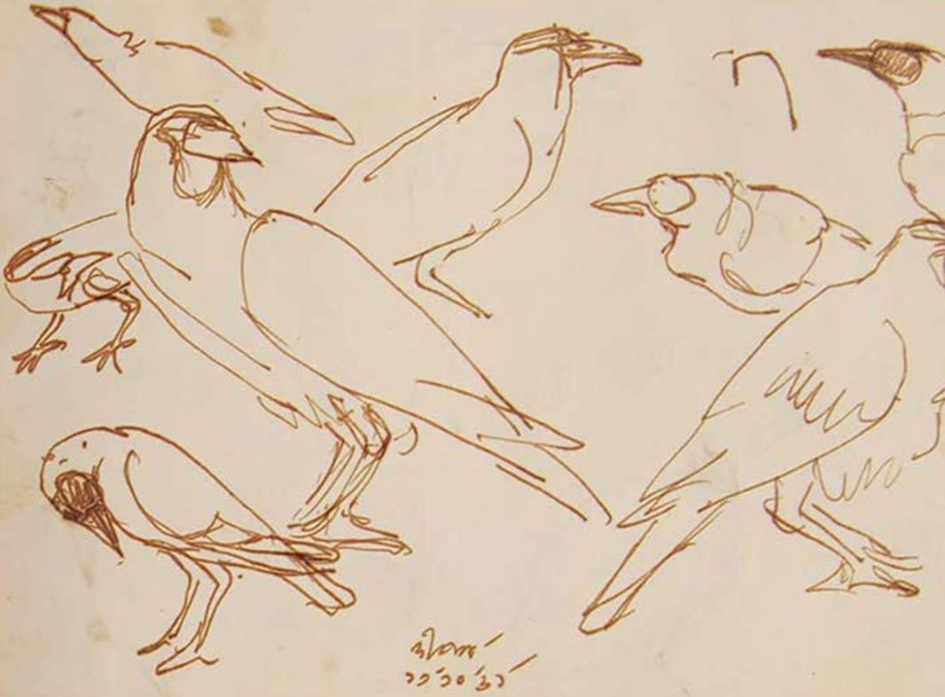 Crows Serie, Aquarell auf Papier, seltene Kunst des indischen bengalischen Künstlers „In Stock“ (Beige), Animal Art, von Dipen Bose