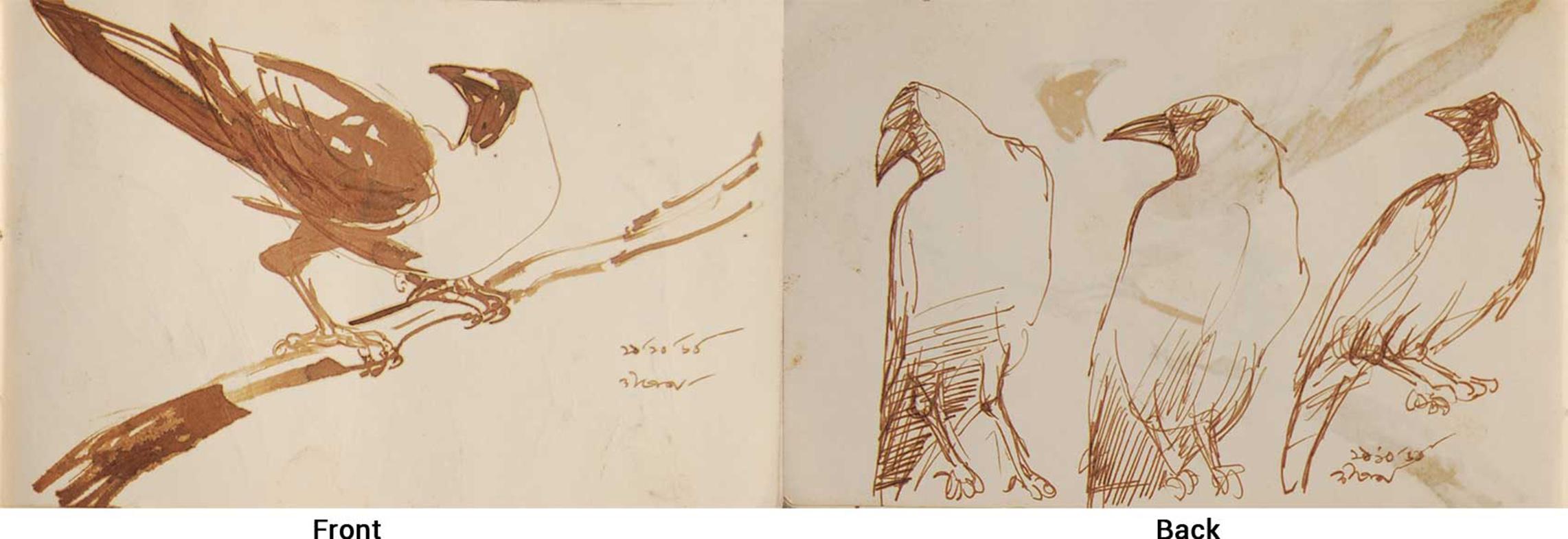 Dipen Bose Animal Painting – Crows Serie, Aquarell auf Papier, seltene Kunst des indischen bengalischen Künstlers „In Stock“