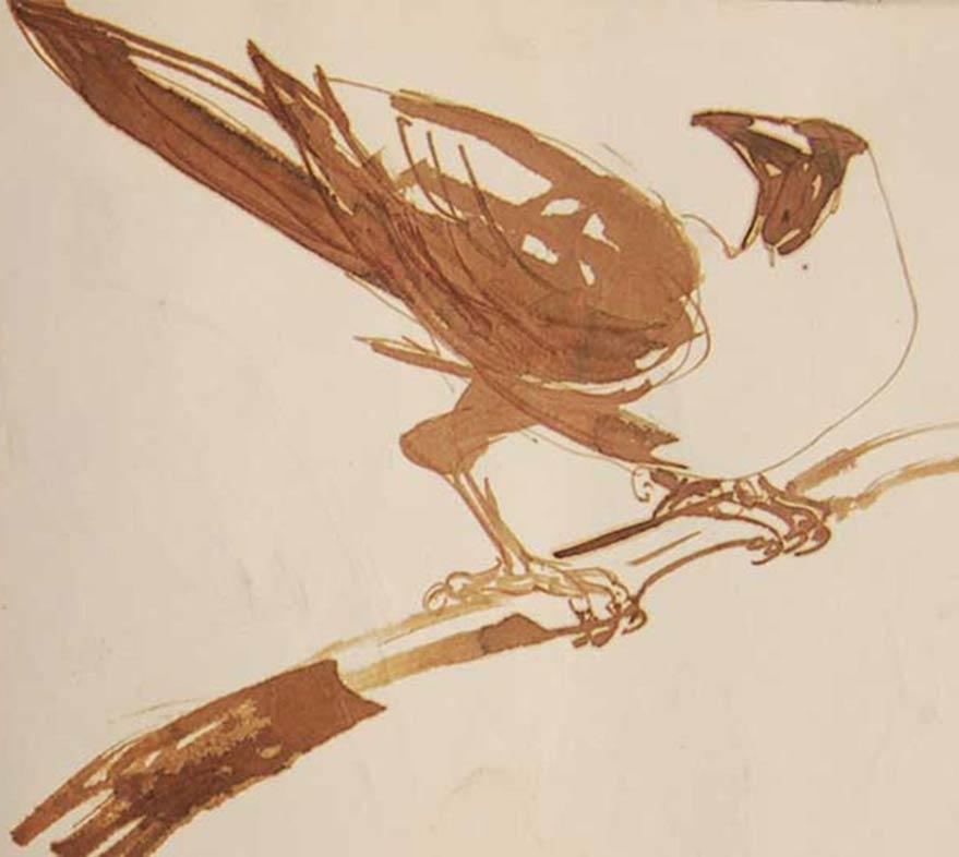Crows Serie, Aquarell auf Papier, seltene Kunst des indischen bengalischen Künstlers „In Stock“ (Beige), Animal Painting, von Dipen Bose
