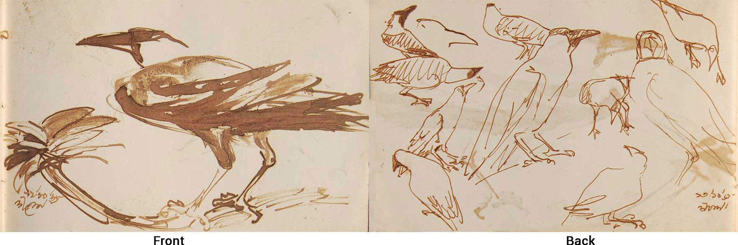 Dipen Bose Animal Painting – Crows-Serie, Aquarell auf Papier, seltene Kunst von indischer Künstlerin aus Bengalen, „Auf Lager“