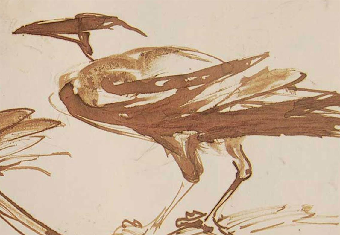 Crows-Serie, Aquarell auf Papier, seltene Kunst von indischer Künstlerin aus Bengalen, „Auf Lager“ (Beige), Animal Painting, von Dipen Bose