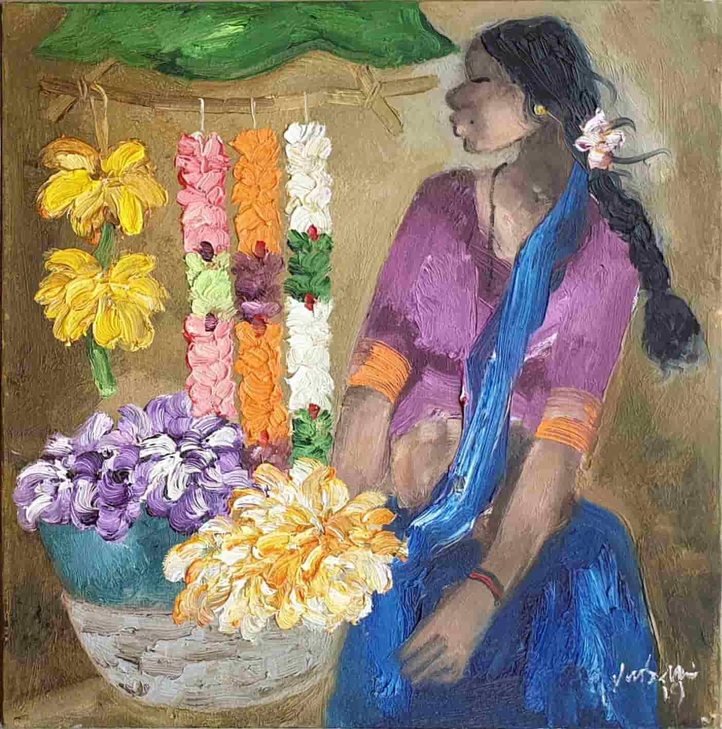 Man Selling Balloons and Woman Flowers, Oil on Canvas Brown Green 