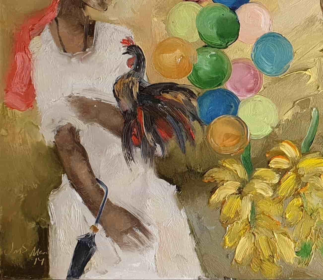 Man Selling Balloons and Woman Flowers, Oil on Canvas Brown Green 