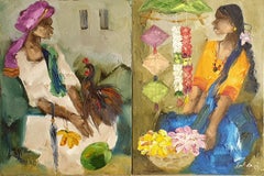 Flower Girl & Man with Rooster, Oil on Canvas, Green Blue Yellow Brown"In Stock"