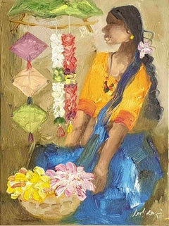 Flower Girl & Man with Rooster, Oil on Canvas, Green Blue Yellow Brown"In Stock"
