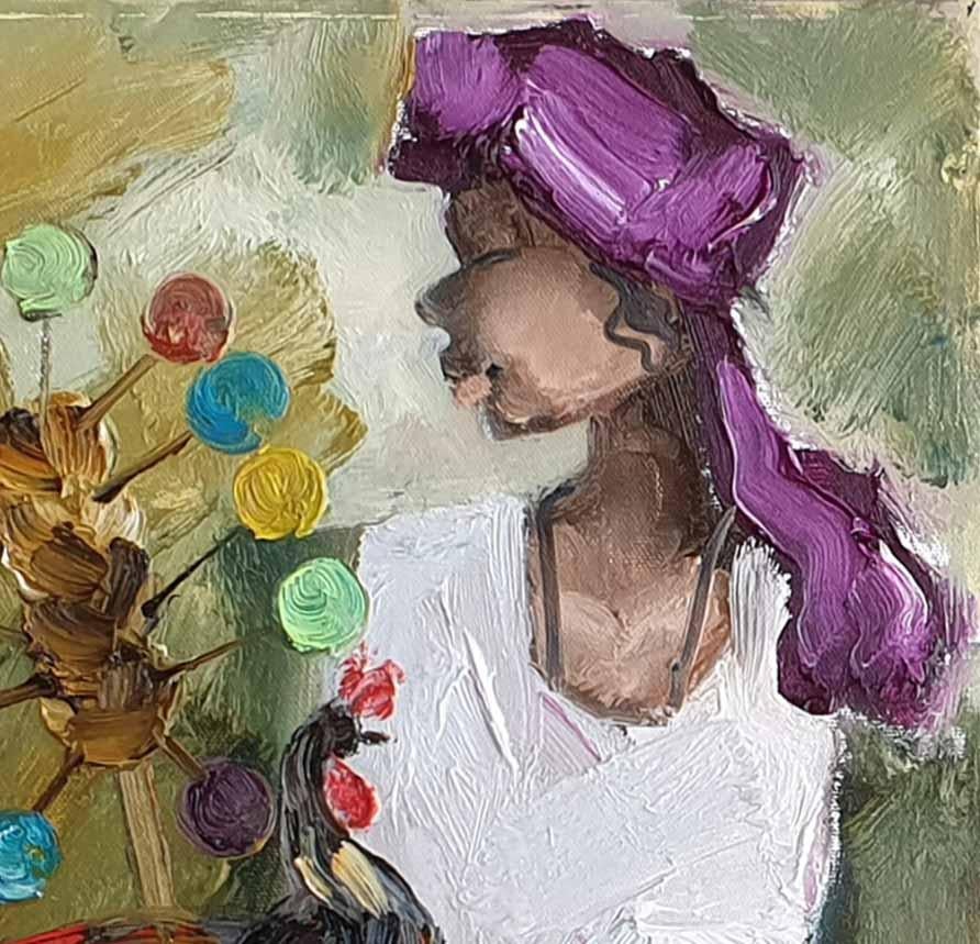 Gente di Badami, Olio su tela, colore bianco, viola, verde 