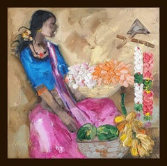 Badami People, Oil on Canvas,Pink, Blue by Contemporary Artist "In Stock"