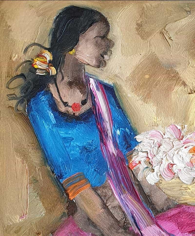 Badami People, Oil on Canvas, Pink, Blue by Contemporary Artist 