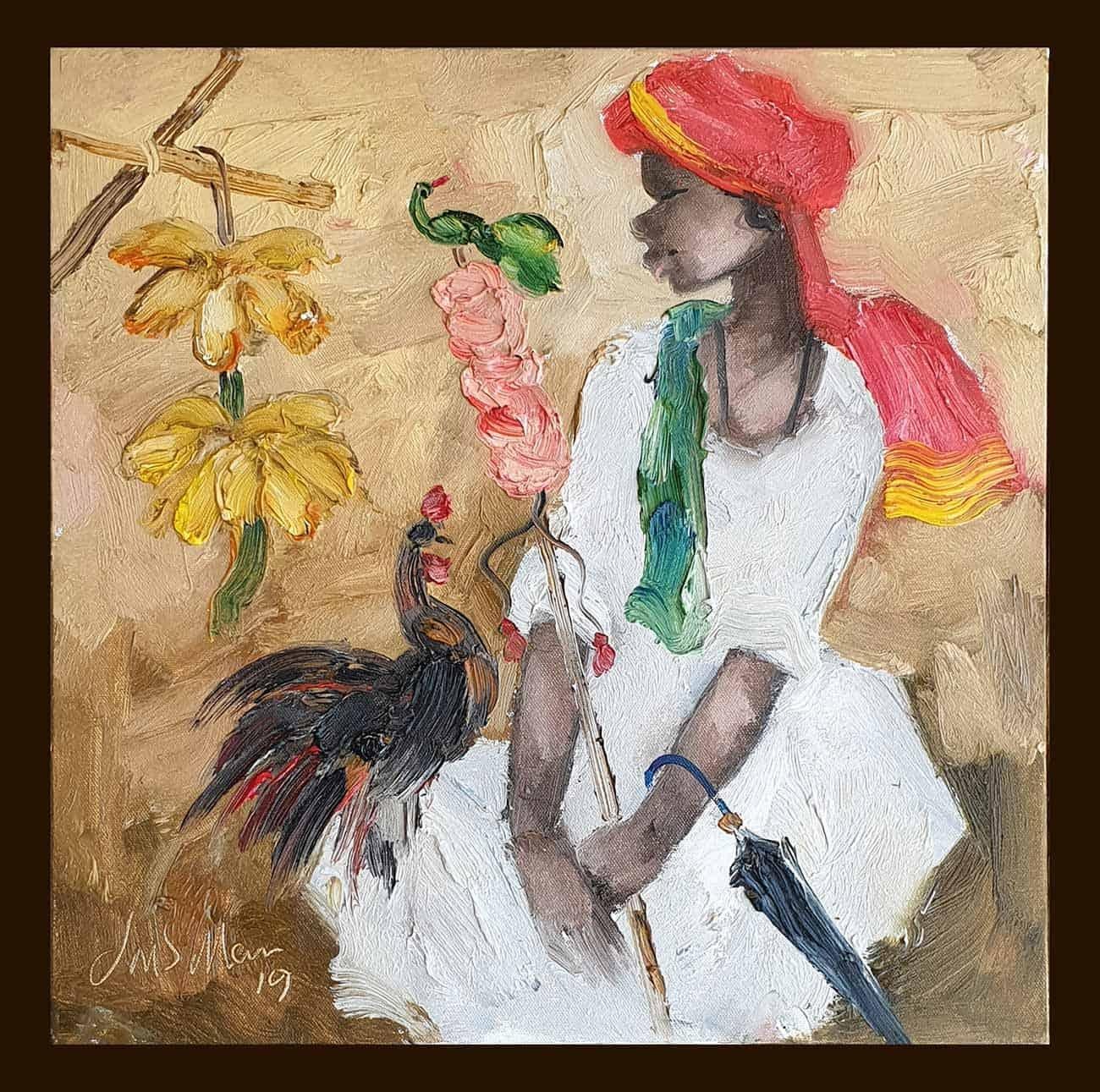 JMS Mani Portrait Painting - Badami People, Oil on Canvas, White, Red by Contemporary Artist "In Stock"