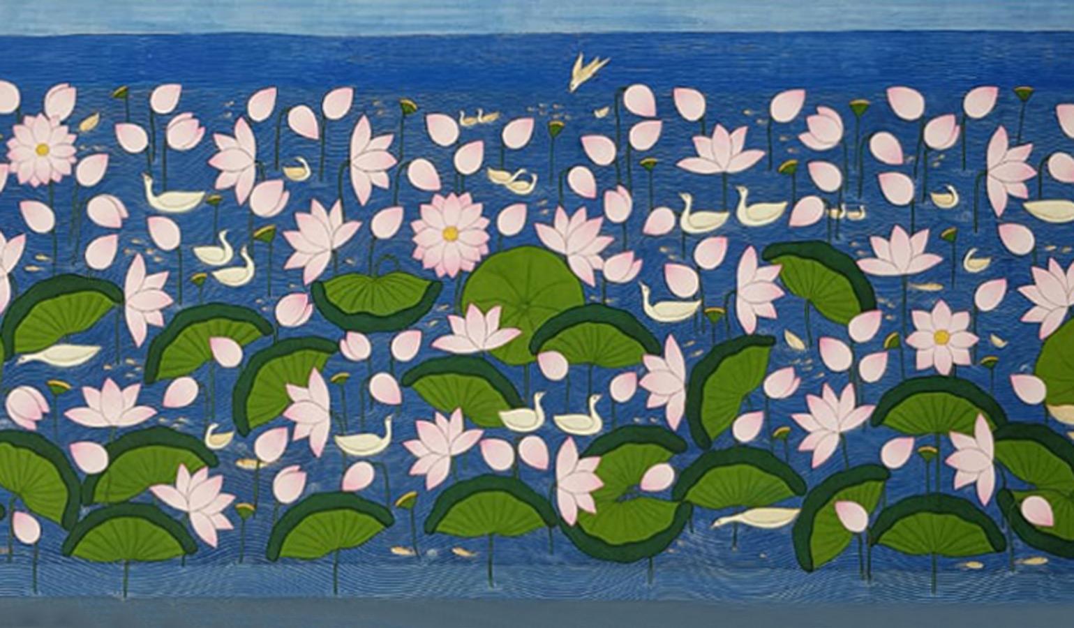 Yugal Kishor Sharma - Lotus Pond - 29.5 x 91 inches (taille non encadrée)
Lavage sur tissu. Y compris l'expédition en rouleau.

À propos de l'artiste et de ses œuvres :
Né au Rajasthan en 1959.

Éducation :
Diplôme d'études supérieures (peinture)