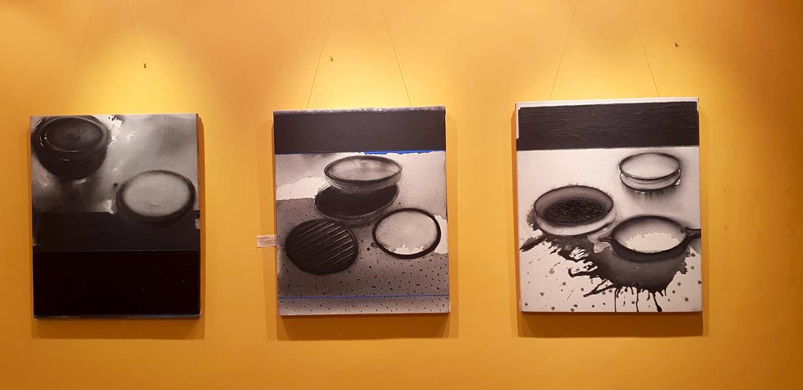 Pots, Acrylic & Pigment on Canvas, Black, Blue, Grey Colour 