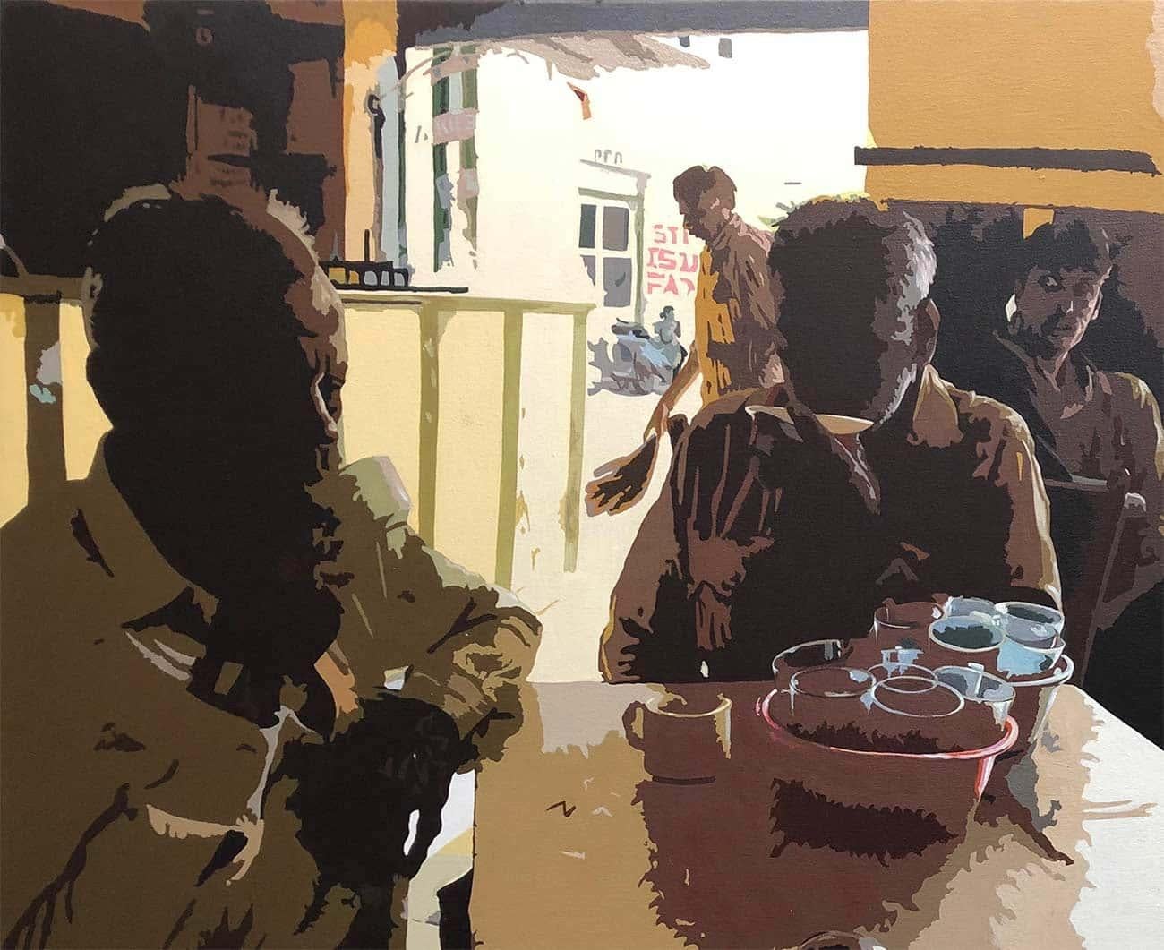 Fawad Tamakanat - Cafe - 36 x 48 inches (unframed size)
Acrylic on Canvas
Inclusive of shipment in roll form.

Fawad Tamkanat, from Hyderabad participated with his slightly older works. One in which he is exploring the raging intrusion of technology