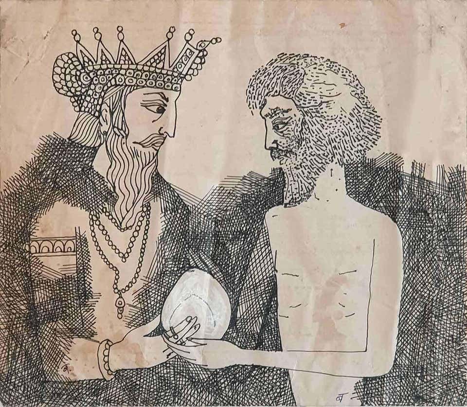 Illustration for the Fruit of Destiny with a Beggar, Ink on Paper "In Stock"