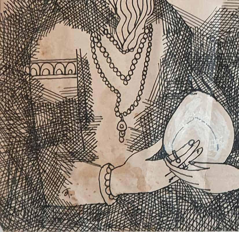 Illustration für die Früchte des Destiny mit einer Beggar, Tinte auf Papier, „Auf Lager“ (Beige), Figurative Art, von Badri Narayan