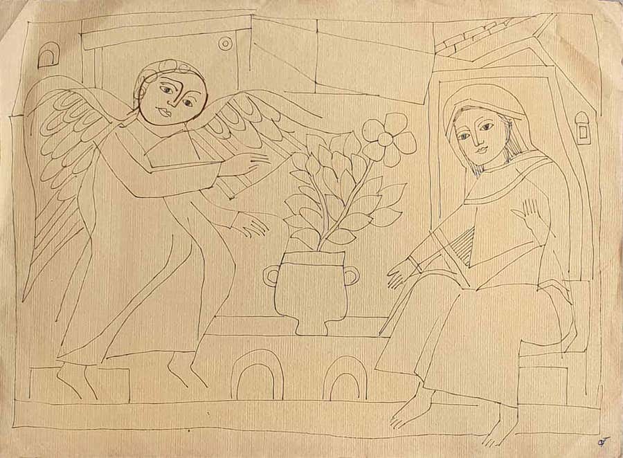Fairy & Woman, Drawing, Ink on paper by Modern Indian Artist "In Stock"