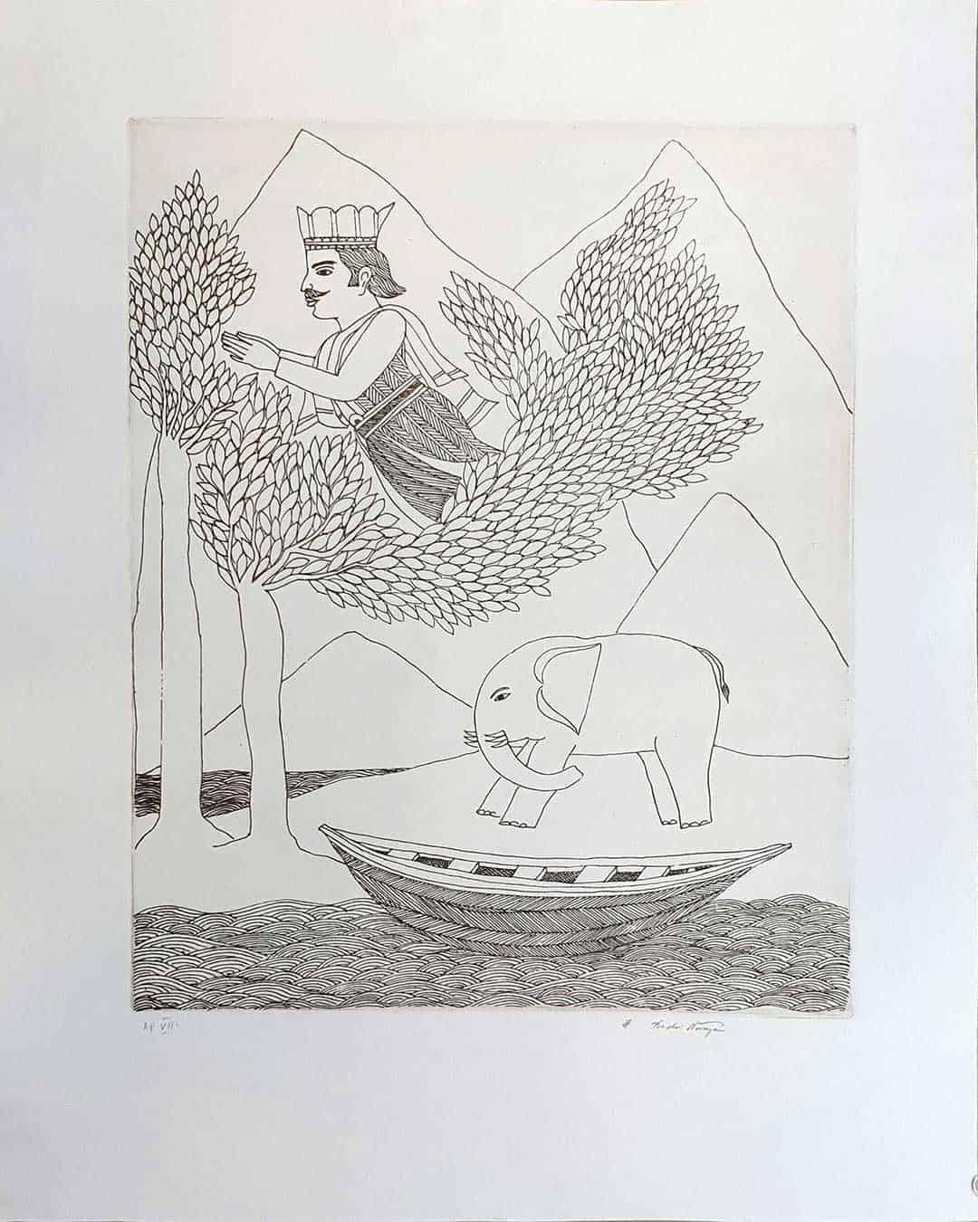 Badri Narayan Figurative Art - King, Elephant, Boat, Trees, Etching on paper by Master Indian Artist "In Stock"