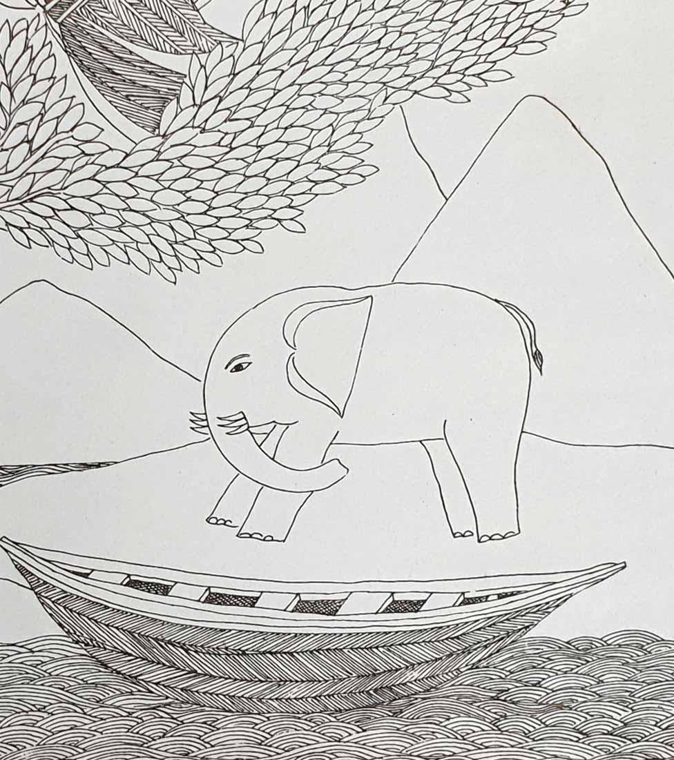 King King, Elefant, Boot, Bäume, Radierung auf Papier von Meister indischer Künstler „In Stock“ – Art von Badri Narayan