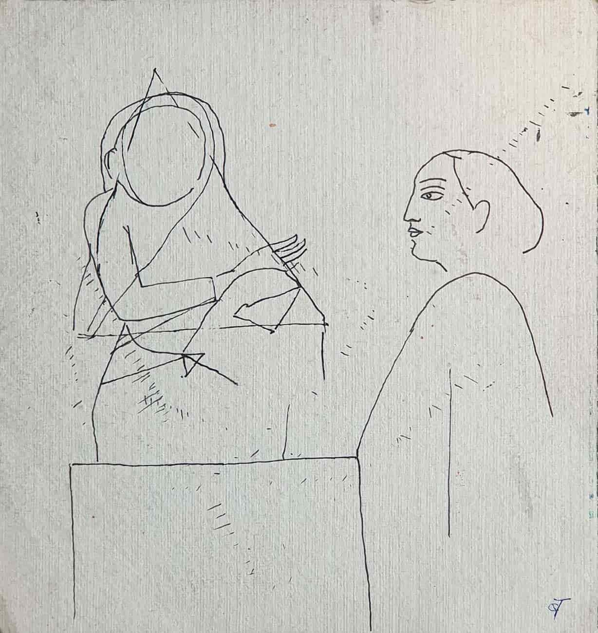 Figurative Art Badri Narayan - Sketch of Women, dessin, encre sur papier de l'artiste indien moderne « En stock »