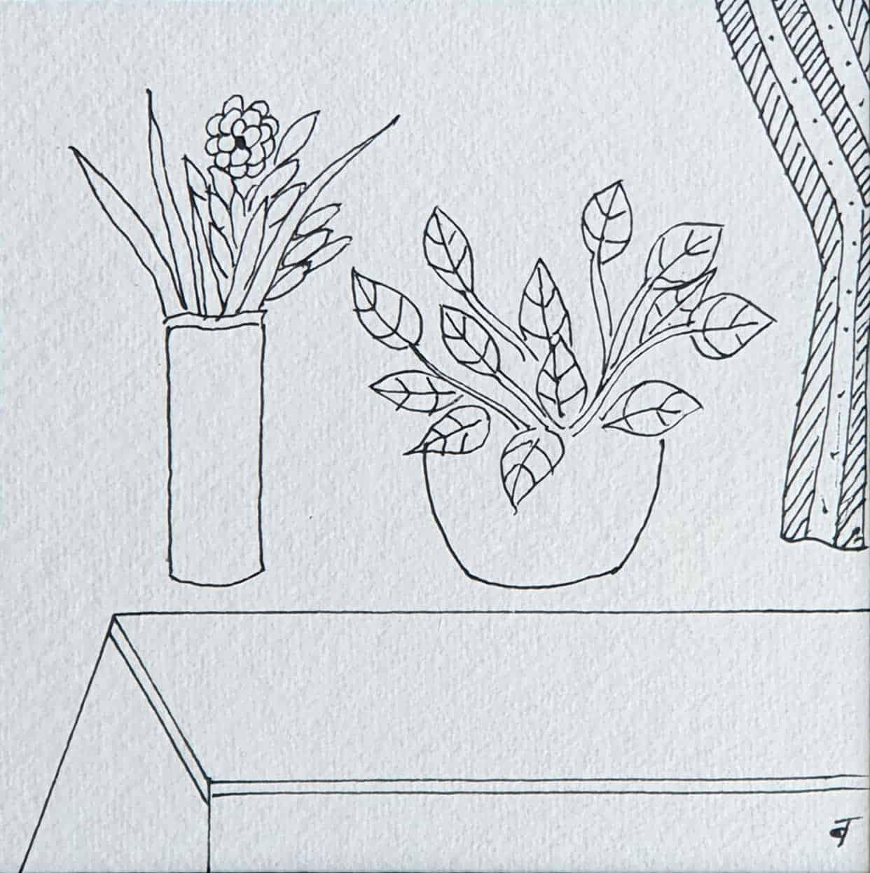 Still Life, Flower Vase, Drawing, Ink on paper by Modern Indian Artist"In Stock"
