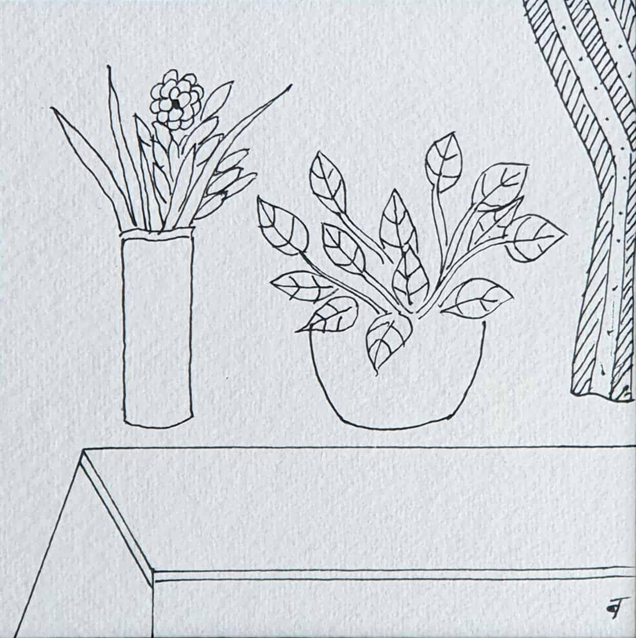Naturaleza muerta, Florero, Dibujo, Tinta sobre papel por Artista indio moderno "En Stock"