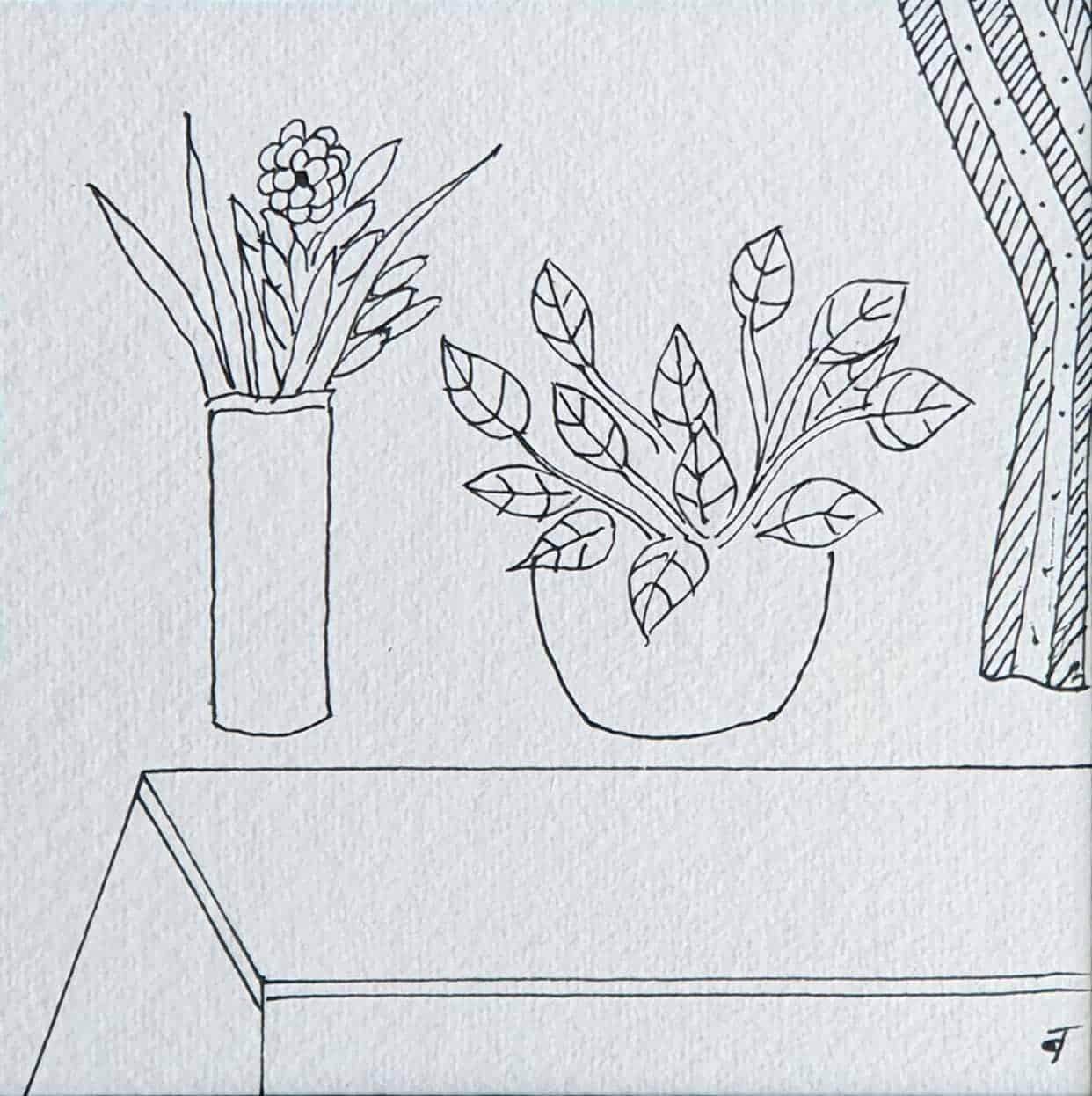 Badri Narayan Still-Life - Still Life, Flower Vase, Drawing, Ink on paper by Modern Indian Artist"In Stock"