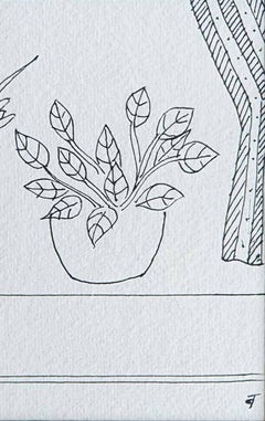 Still Life, Flower Vase, Drawing, Ink on paper by Modern Indian Artist"In Stock"