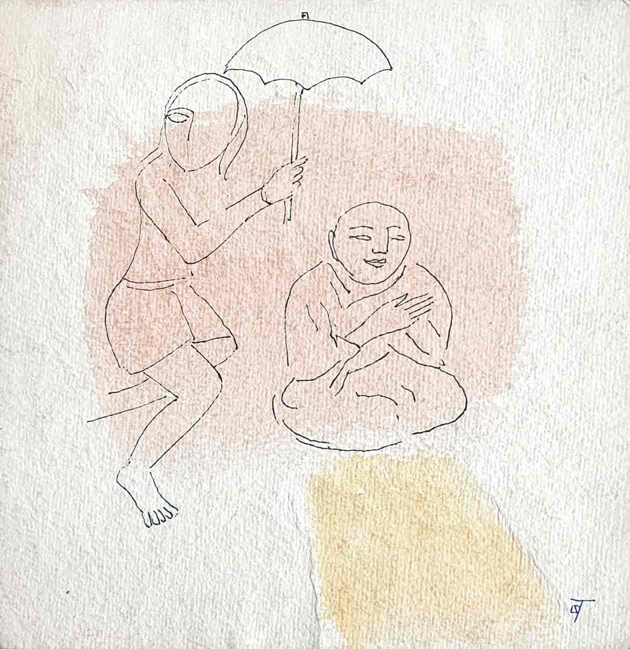 Badri Narayan Figurative Painting - Shelter under the Umbrella, Ink on paper, Pink, Yellow, Modern Artist "In Stock"